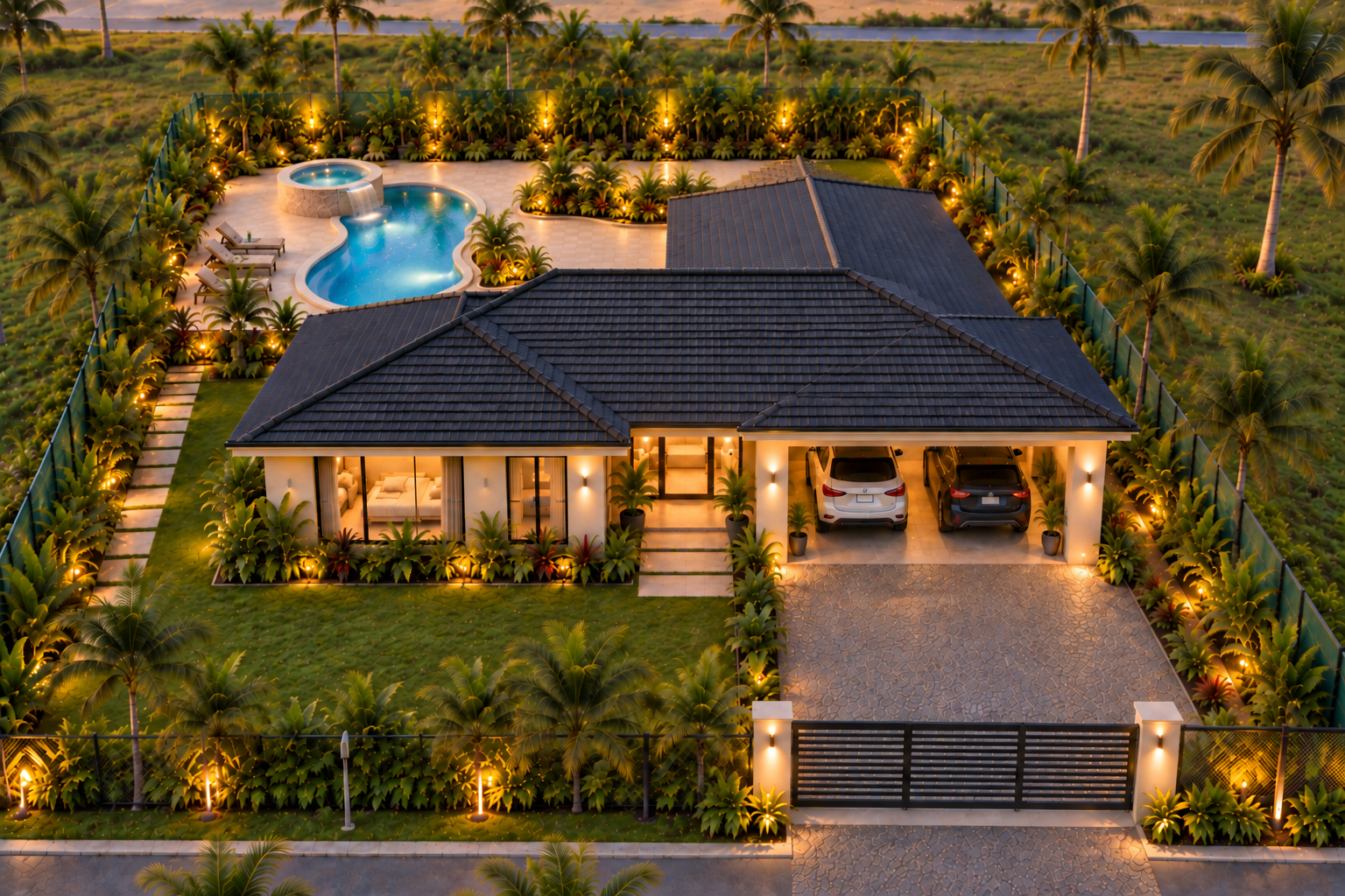 Villa Venao single-story architectural rendering with pool and jacuzzi